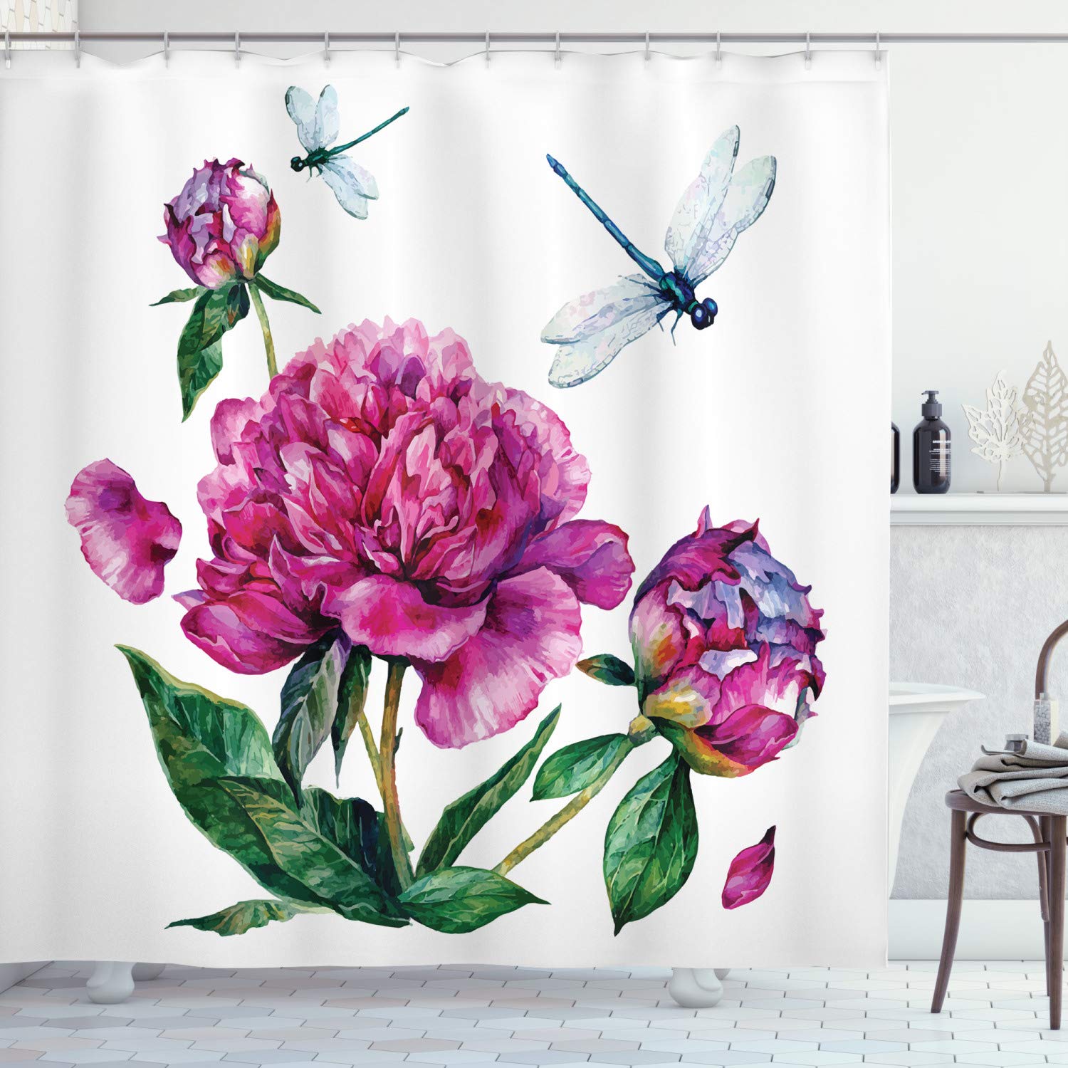 ABAKUHAUS Watercolor Peonies Flower Shower Curtain | Fabric Bathroom Decor