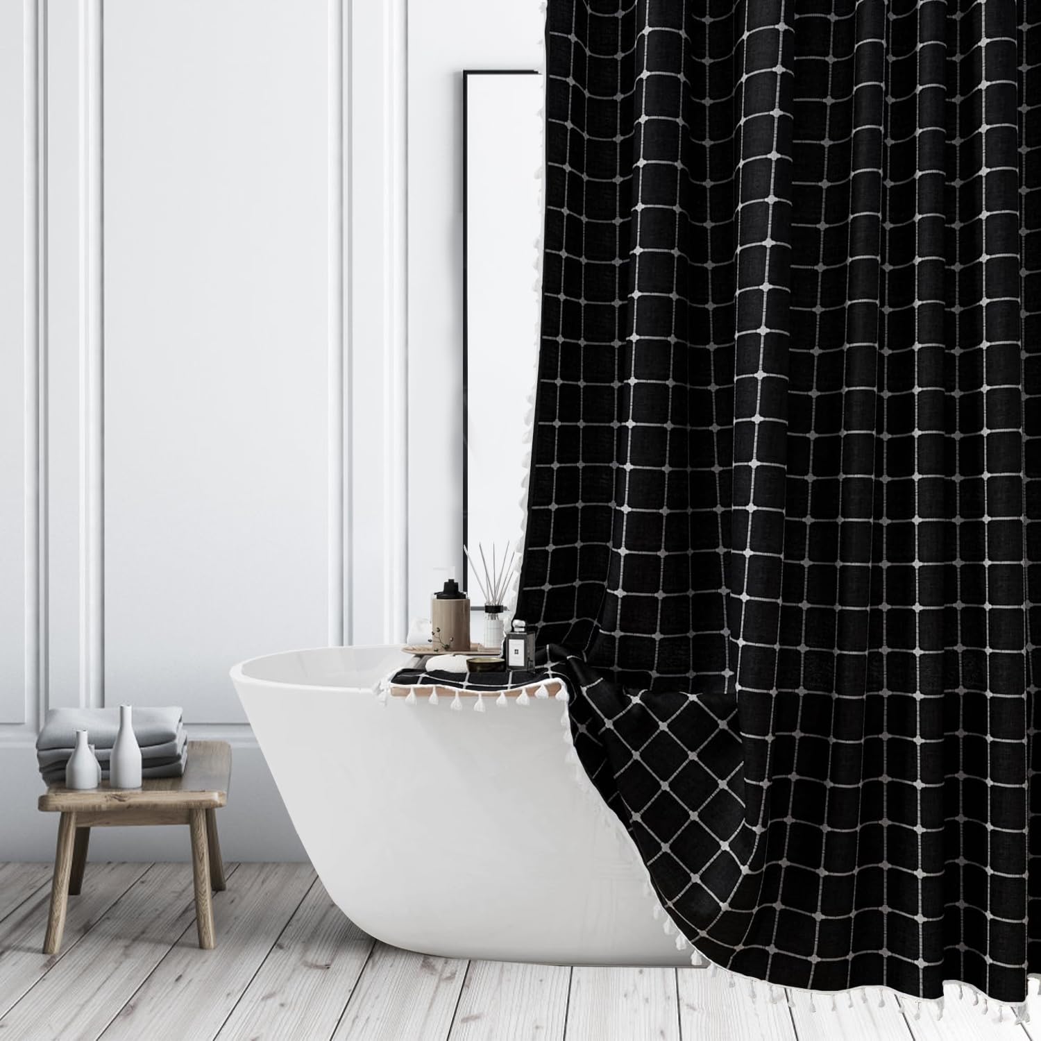 Jolof Store Heavy Duty Linen Boho Shower Curtain with Tassels - 72x72