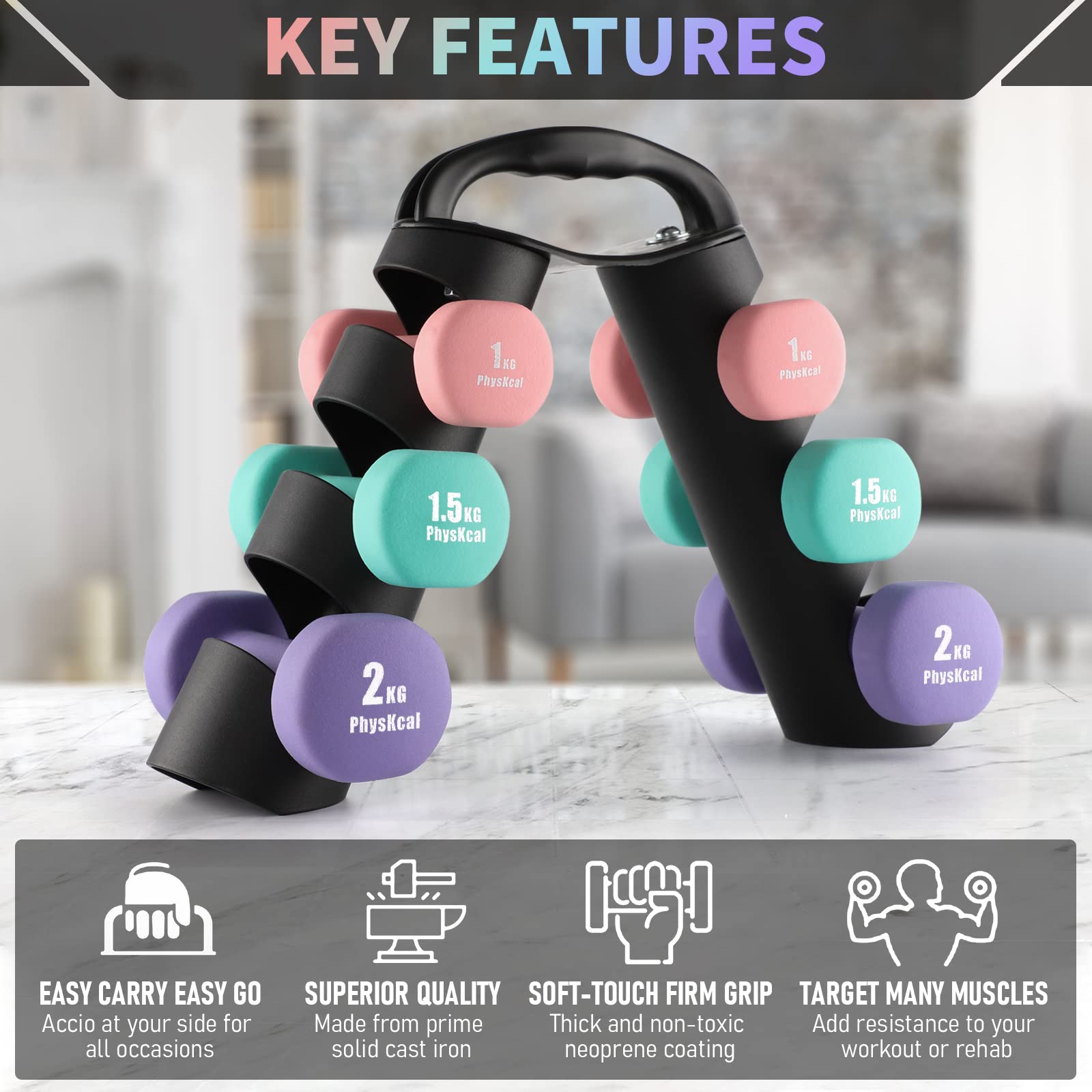 PhysKcal Neoprene Dumbbell Set with Stand | 1kg, 1.5kg, 2kg Hand Weights