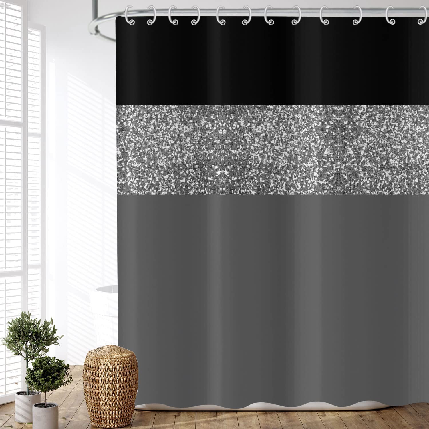 ASDCXZ Glitter Shower Curtain | Waterproof Grey Silver Polyester Fabric