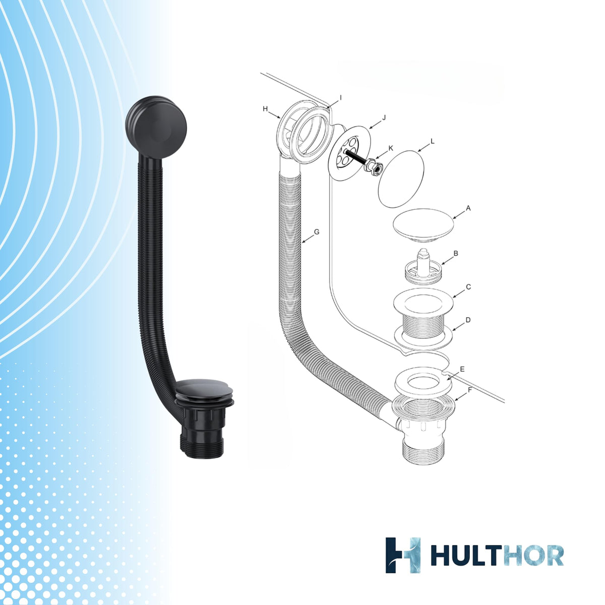 Hulthor Bath Waste & Overflow Kit – Universal 1.5" Click Clack Plug Set with Pop-Up Mechanism – Compatible with Standard UK Bathtubs Black - image 3