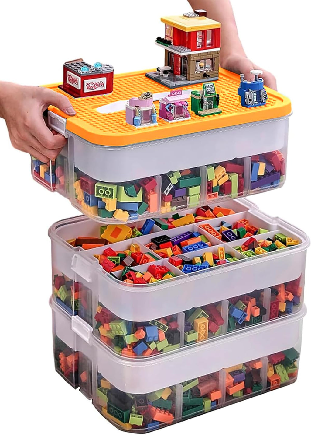Jolof Store Lego Storage Organiser – 3 Layer Stackable Toy Box with Baseplate