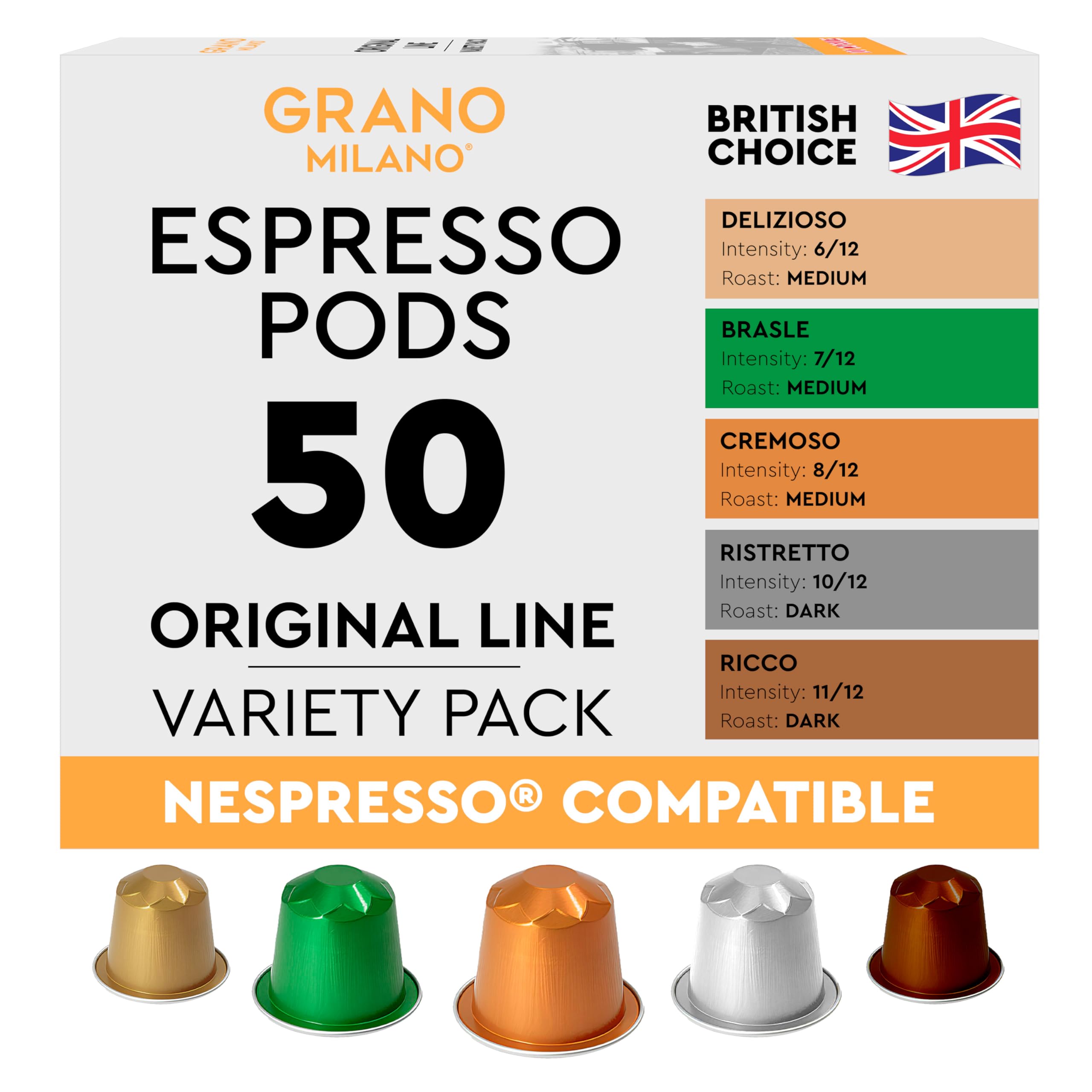 Grano Milano Variety Pack - 50 Nespresso Compatible Coffee Pods