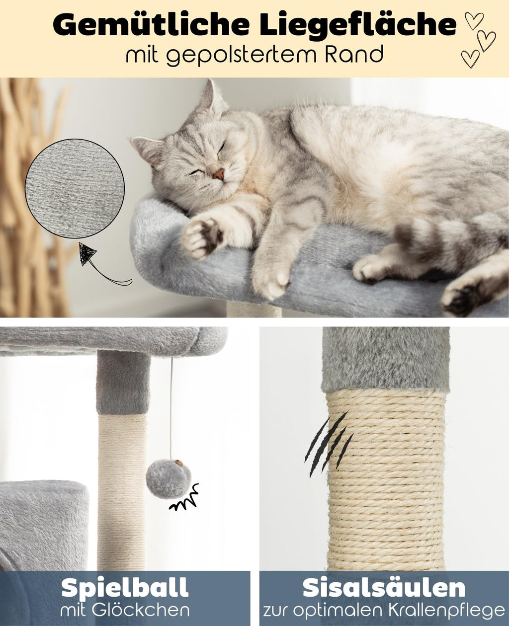 lionto Cat Scratching Tree - 80cm Cat Tower with 2 Caves & Sisal Rope