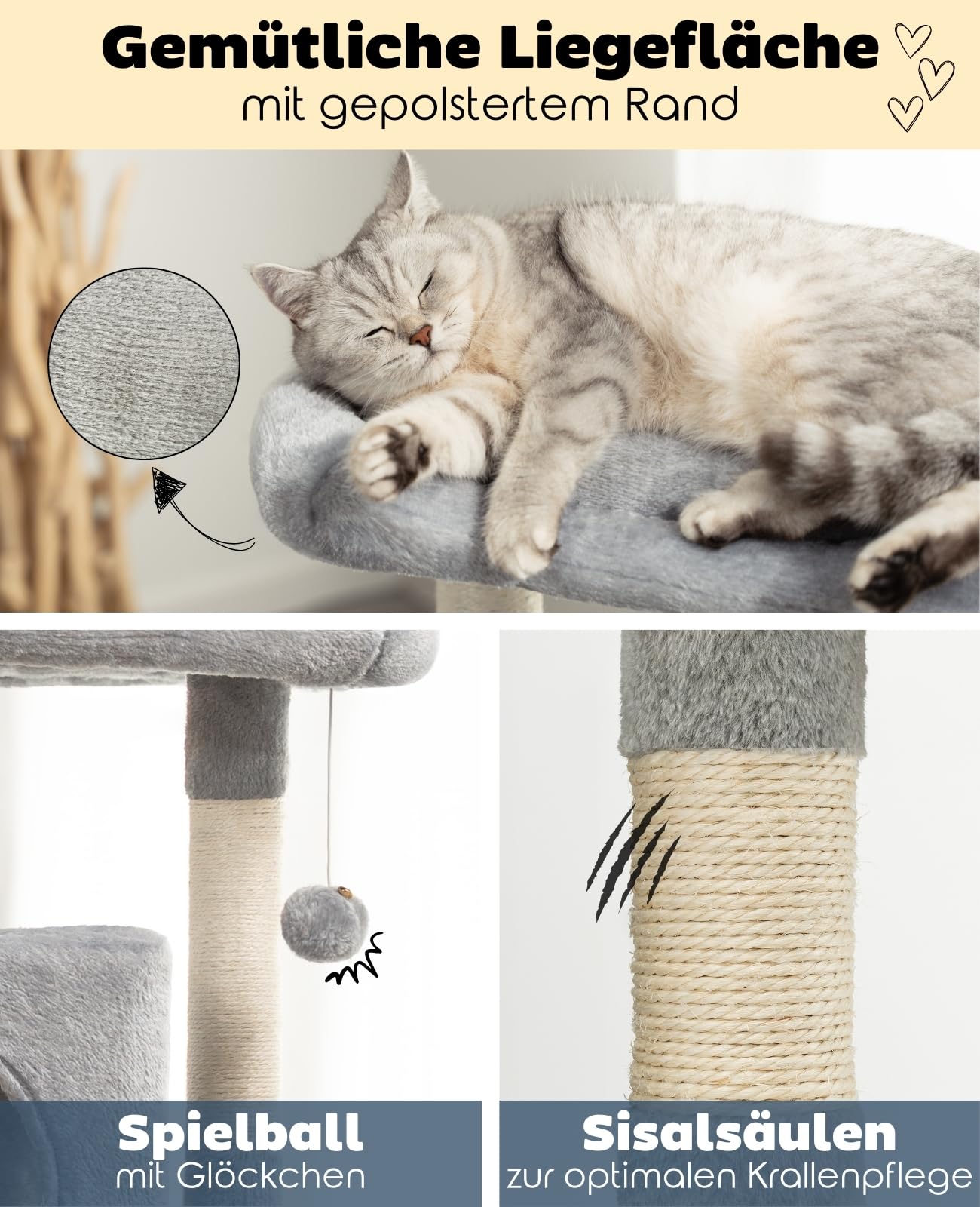 lionto Cat Scratching Tree - 80cm Cat Tower with 2 Caves & Sisal Rope