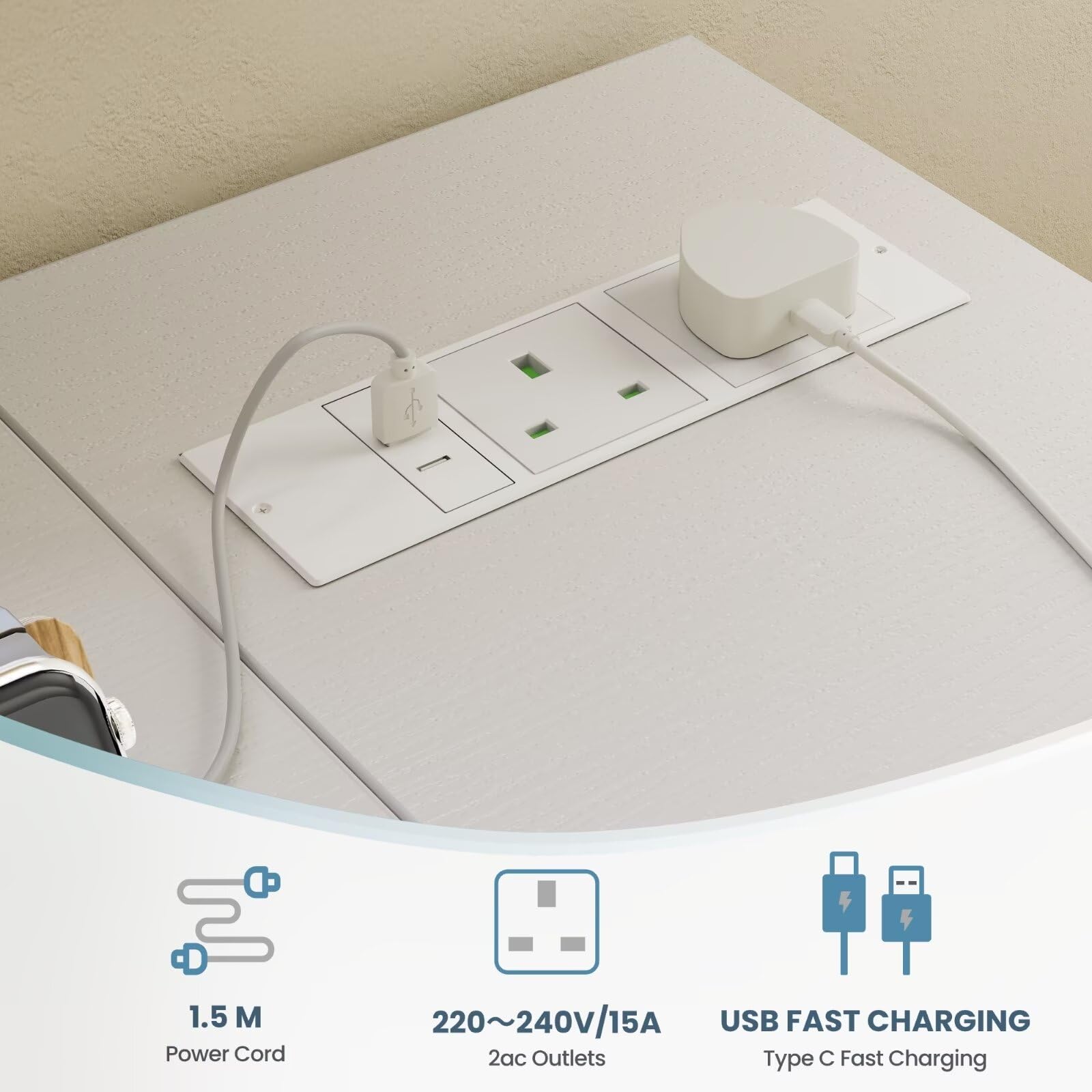 Domshoct L-Shaped Corner Desk with Power Outlets & Storage - White