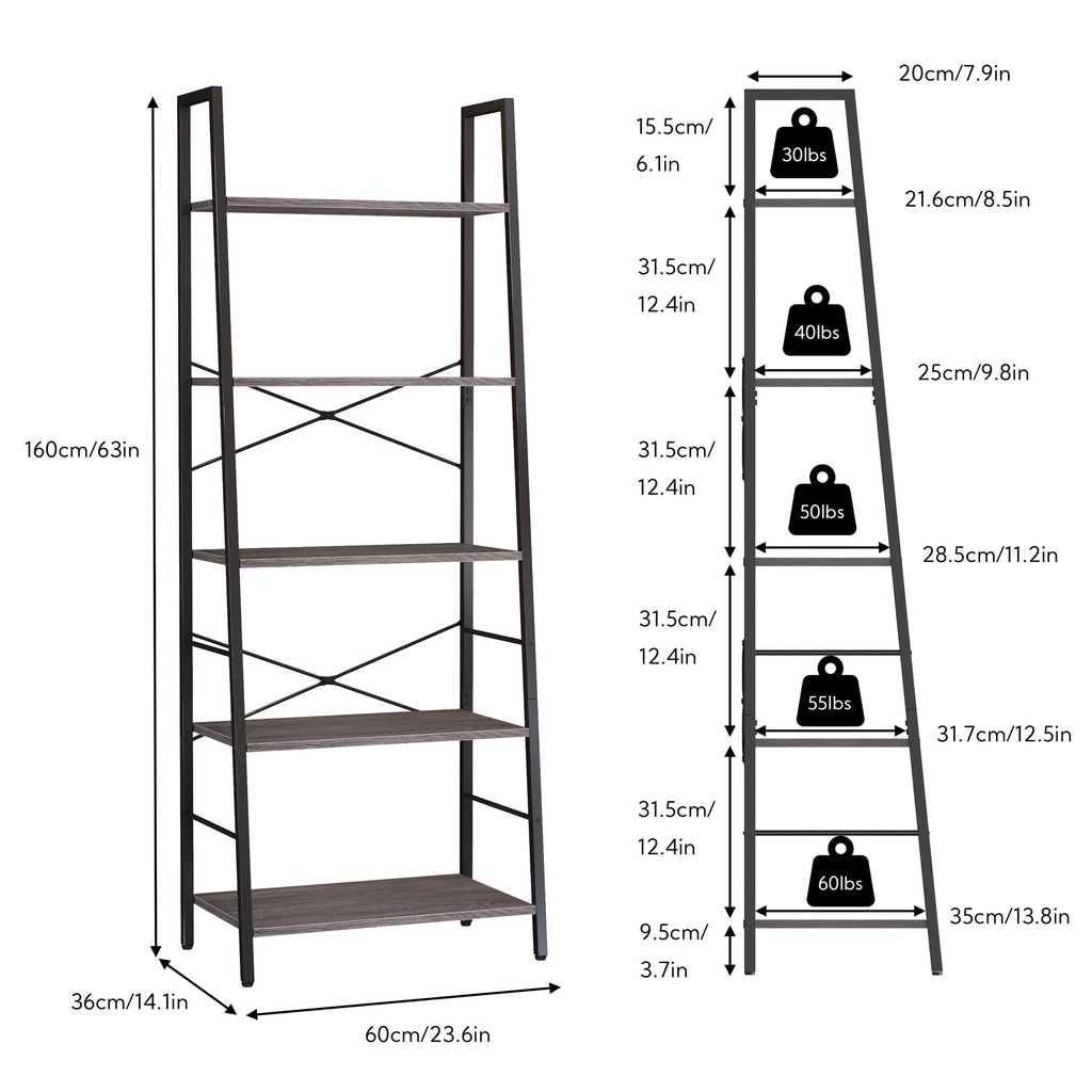 Yusong 5-Tier Industrial Ladder Shelf | Gray Oak Wood Bookcase