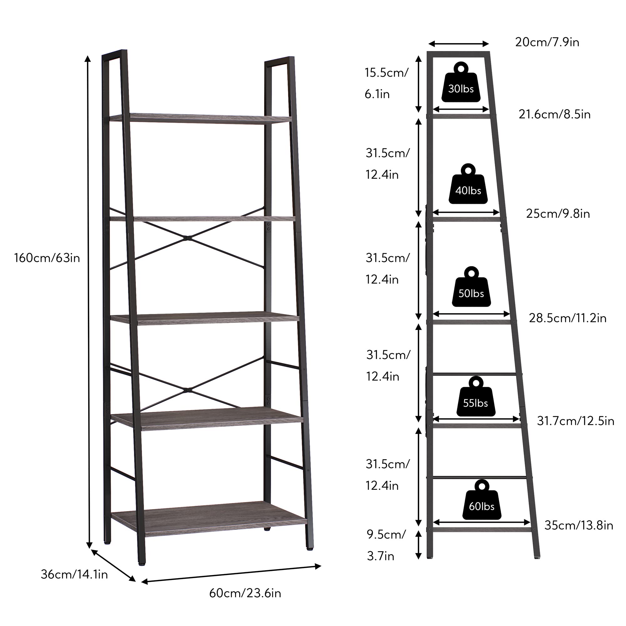 Yusong 5-Tier Industrial Ladder Shelf | Gray Oak Wood Bookcase