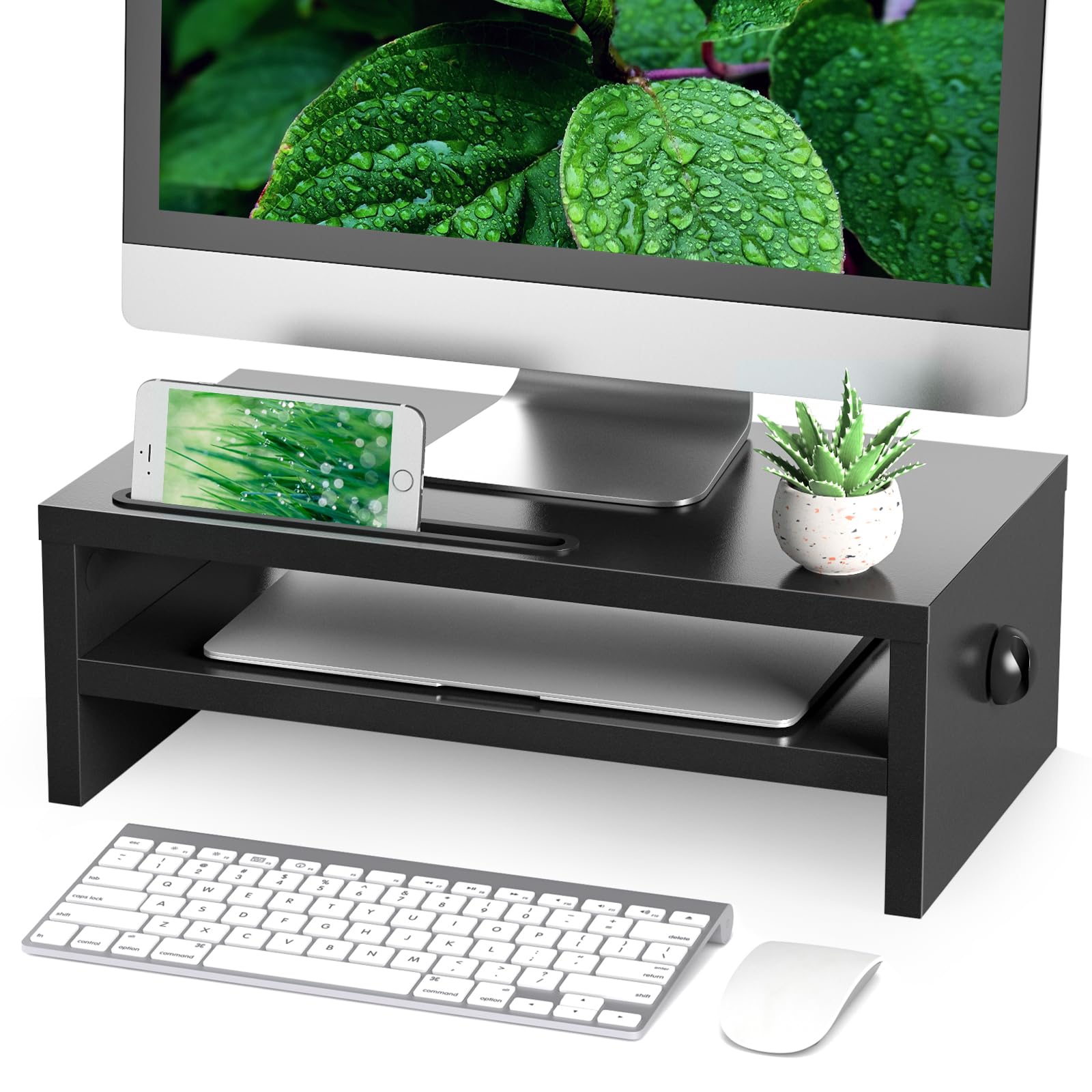 RFIVER 2-Tier Wood Monitor Stand Riser with Phone Holder - Black