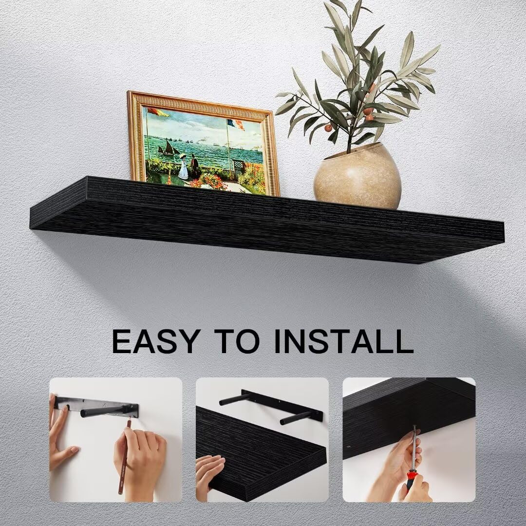 STOREMIC Floating Shelves - Set of 2 Black MDF Wall Shelves, 60cm