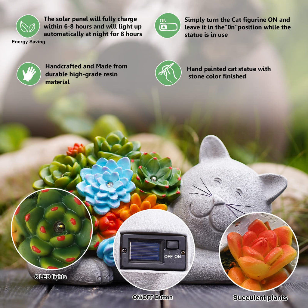Goodeco Solar Cat Statue – Waterproof Resin Garden Decor with 6 LED Lights