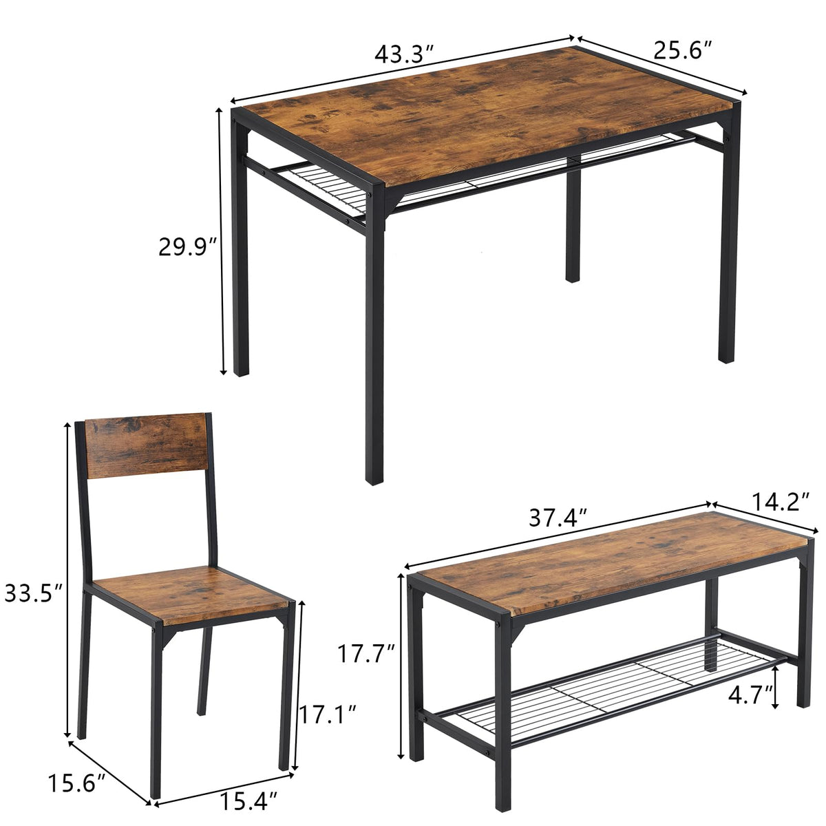 Bonnlo 4 Piece Dining Table Set for 4, Kitchen Table with 2 Chairs and a Bench, Space Saving Small Dining Set with Storage Shelf - image 3