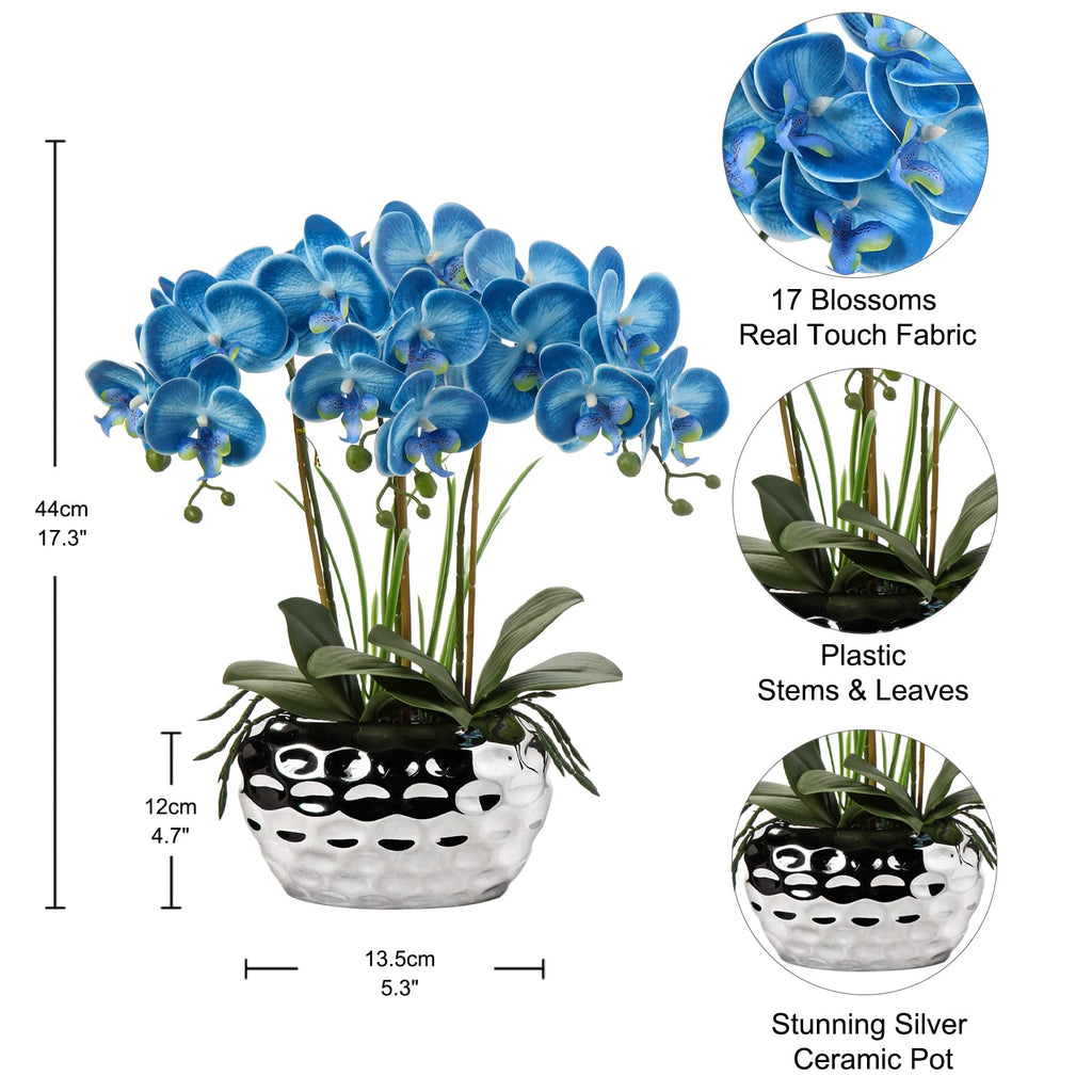 Briful 17" Artificial Phalaenopsis Orchid in Silver Ceramic Pot | Blue