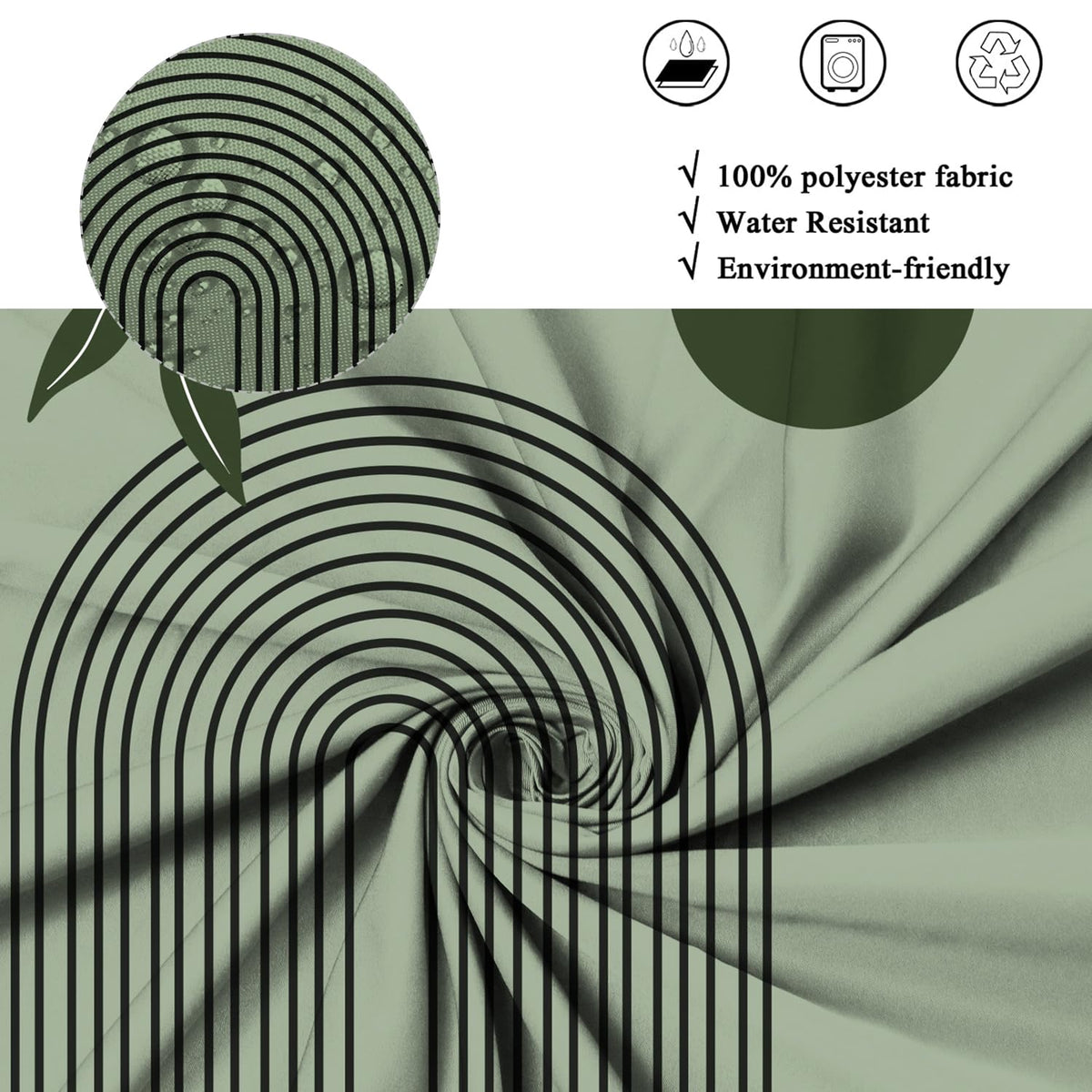 ASDCXZ Boho Shower Curtain 180x180 cm, Modern Abstract Art Green Leaves Sun Line Sage Green Bath Washable Shower Curtains Polyester Textile - image 5