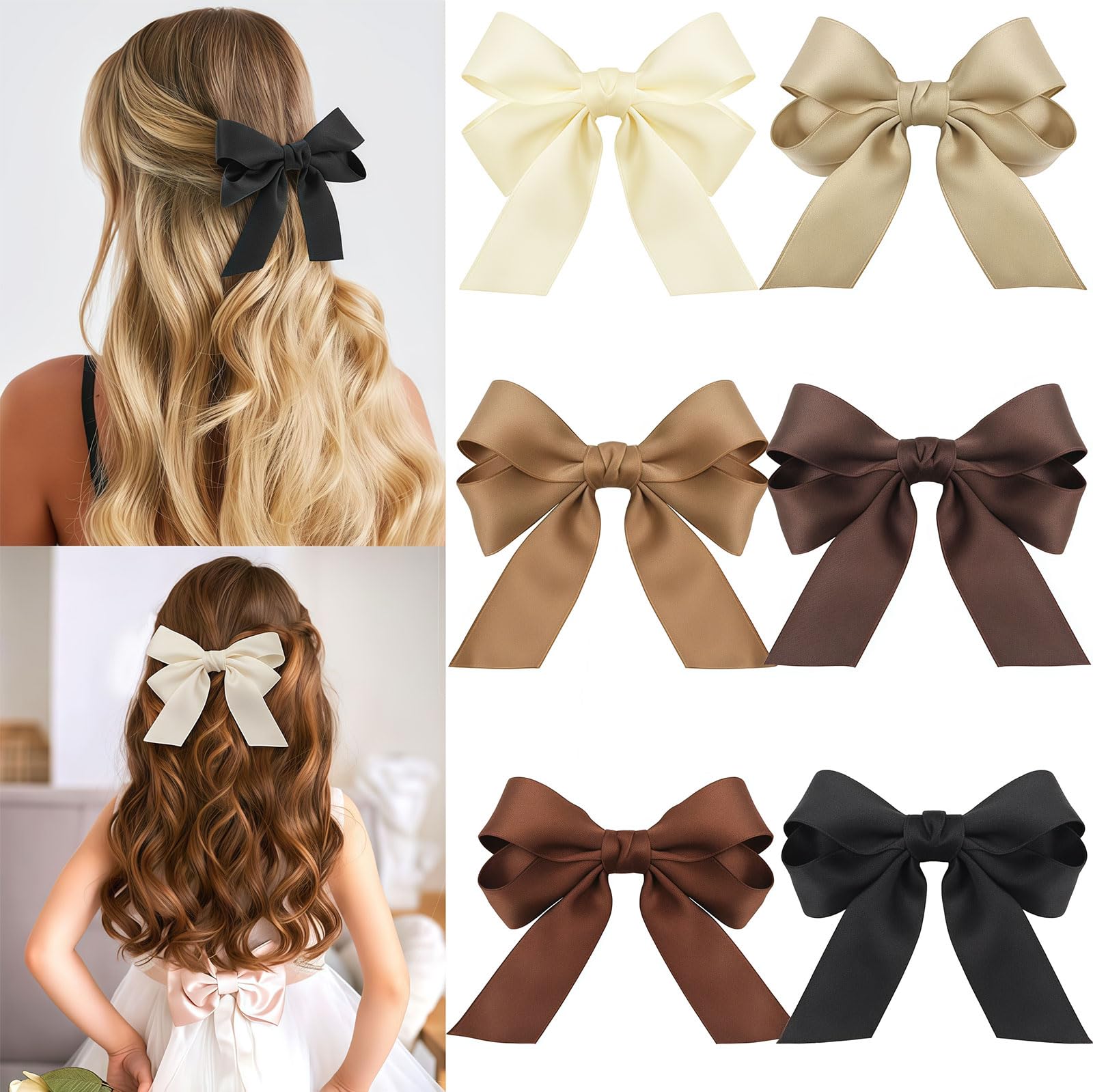 Xanthelle Satin Hair Bows | Pack of 6 Silky Hair Clips for Women