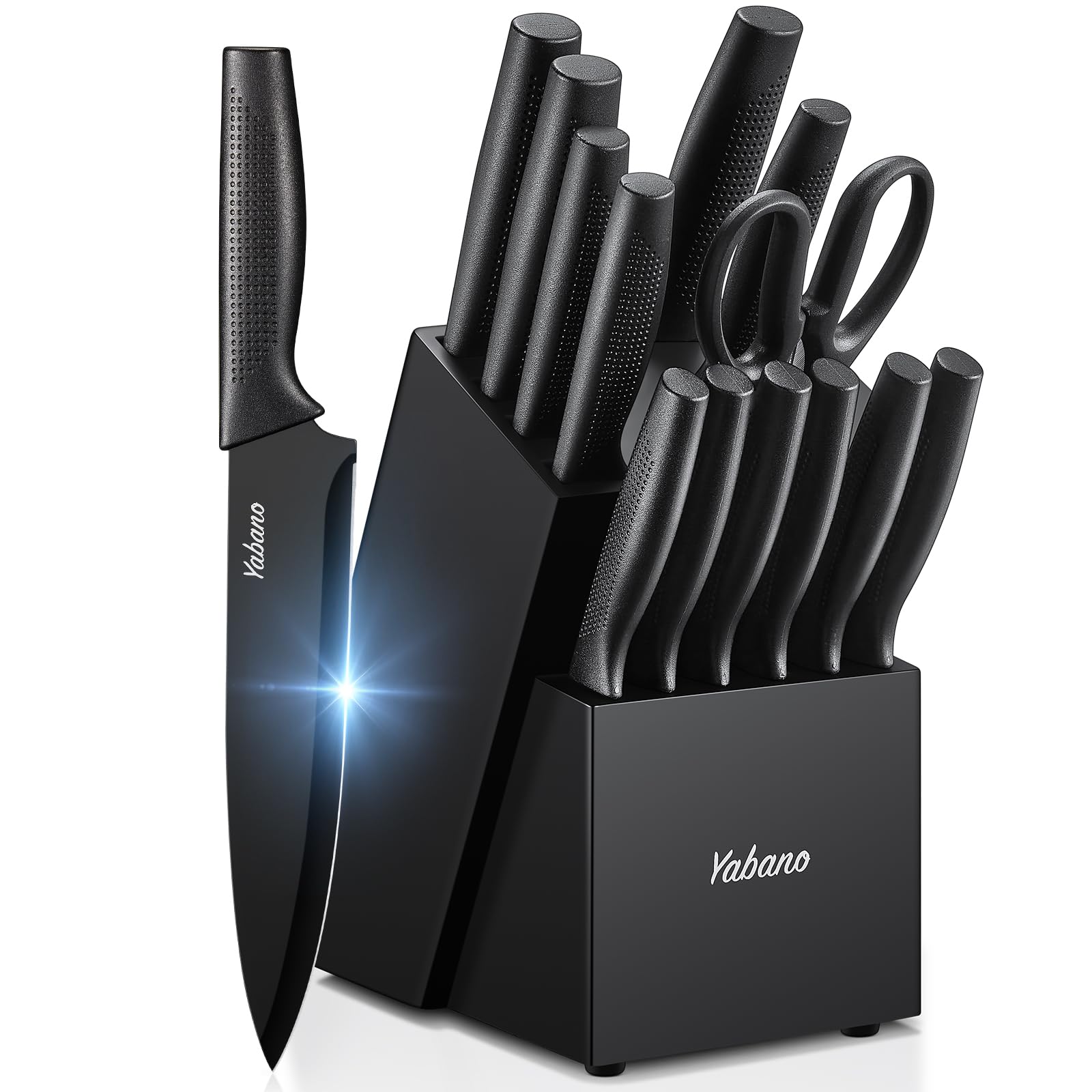 Yabano 14-Piece Kitchen Knife Block Set with Built-in Sharpener, Black