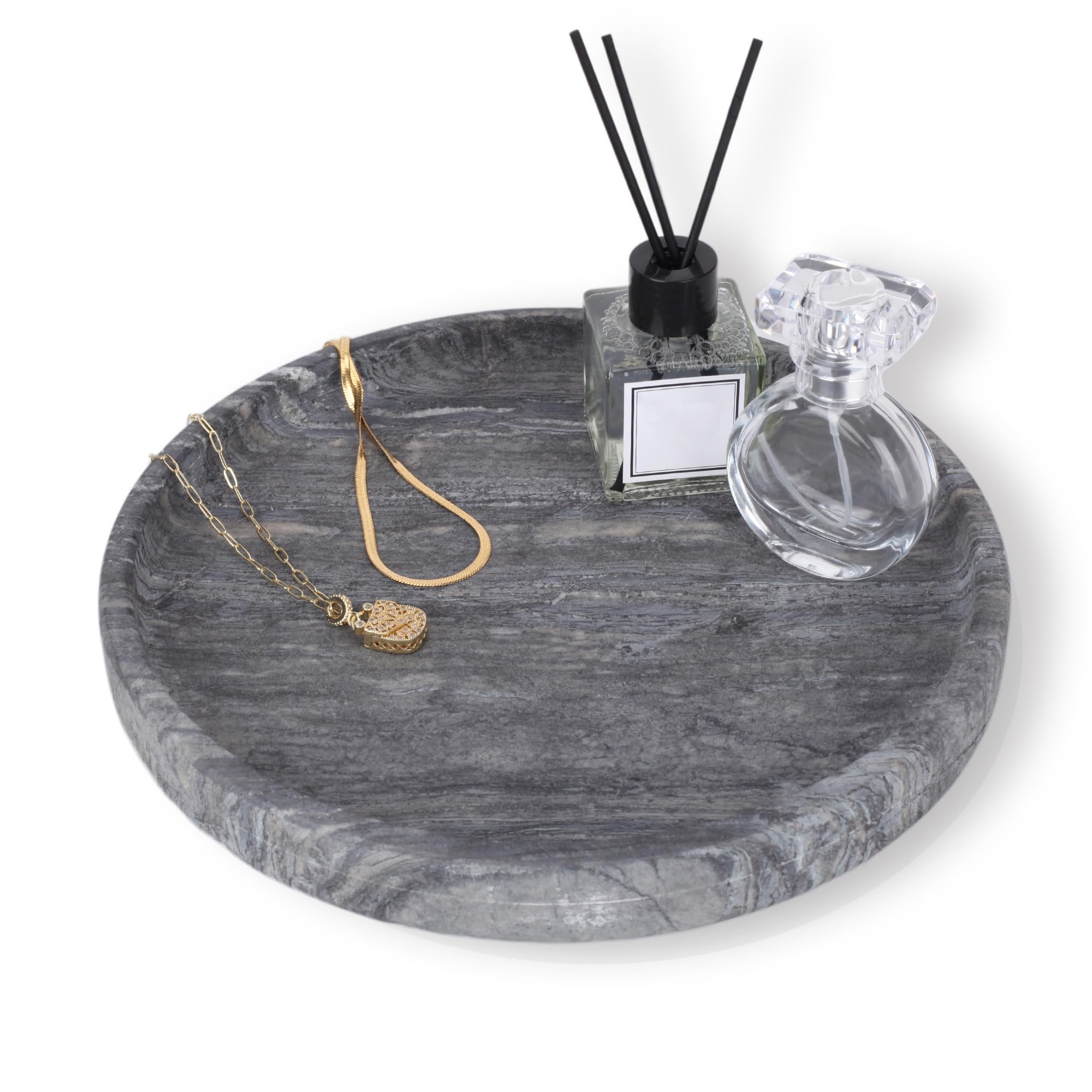 WORHE Natural Marble Vanity Tray – Round Decorative Jewelry & Perfume Organizer