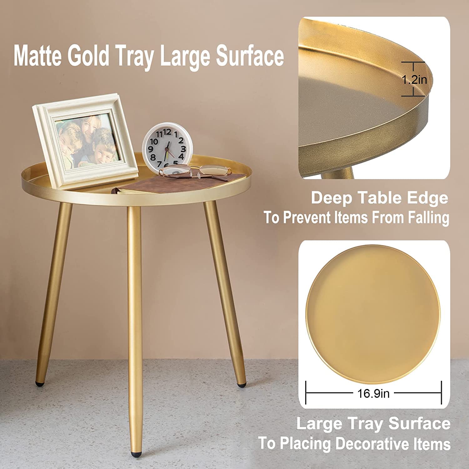 AOJEZOR Round Metal Side Table | Gold Small End Table for Living Room