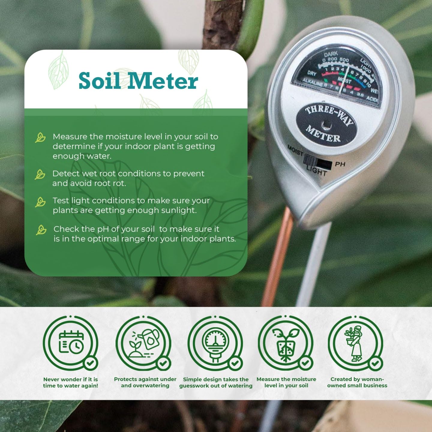 Houseplant Resource Center 3-in-1 Soil Moisture, Light & pH Meter