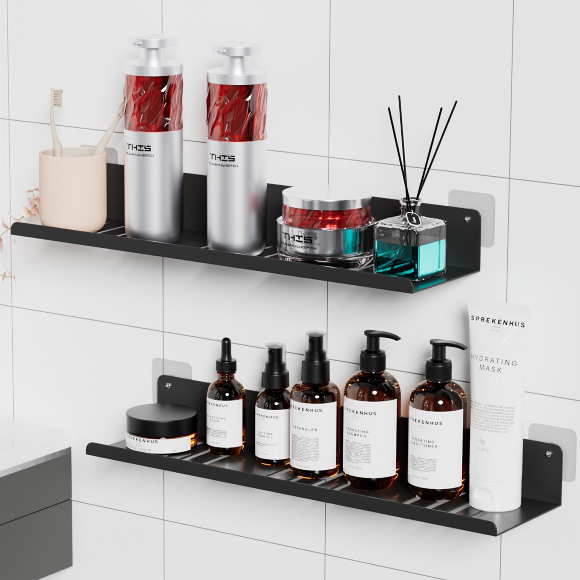 Wisfame Black Shower Caddy – No-Drill Stainless Steel Bathroom Shelf, 40cm