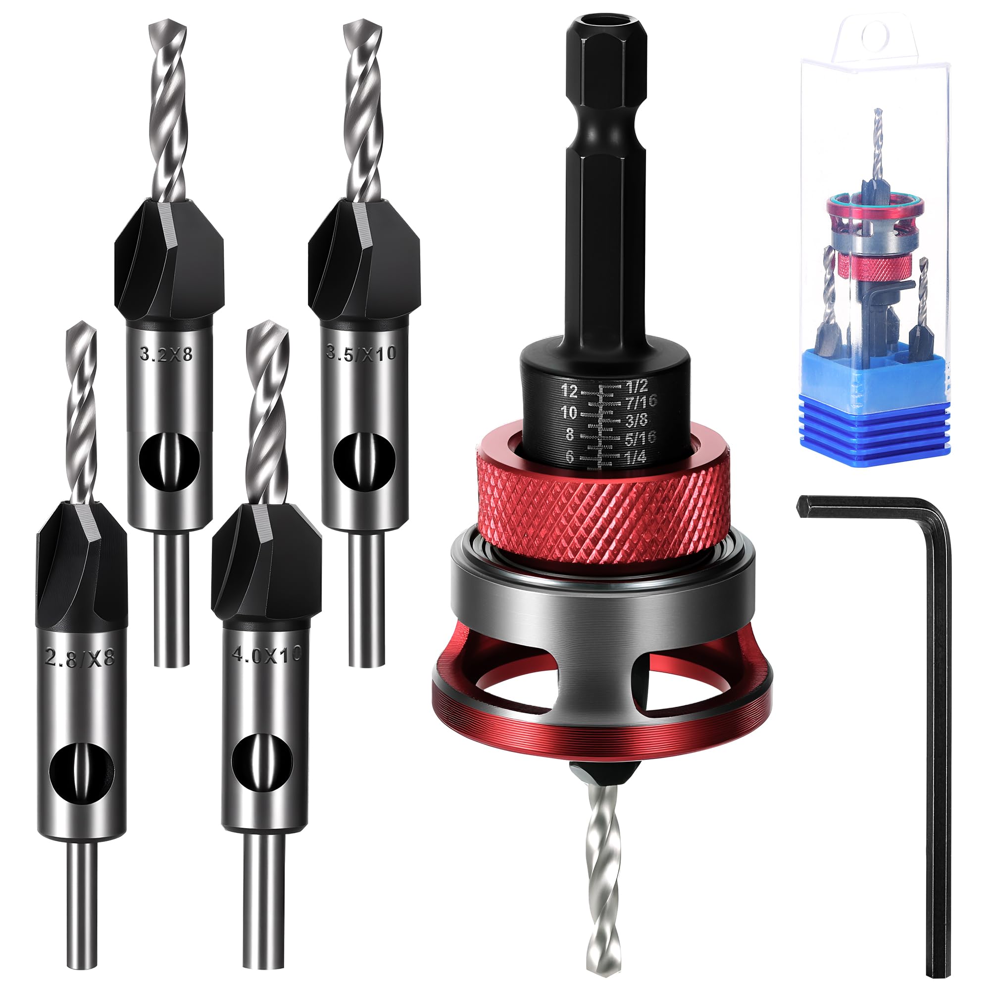 TranRantic 4PCS Countersink Wood Drill Bit Set with Depth Stop & Hex Shank