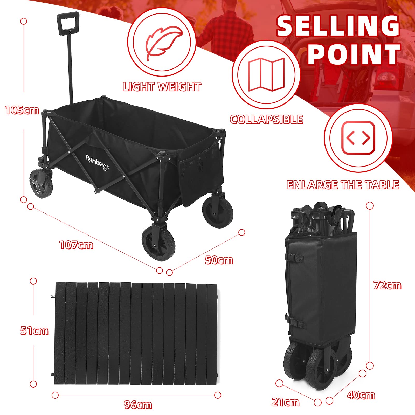Rainberg 2-in-1 Folding Camping Wagon with Table Top | 120kg Capacity