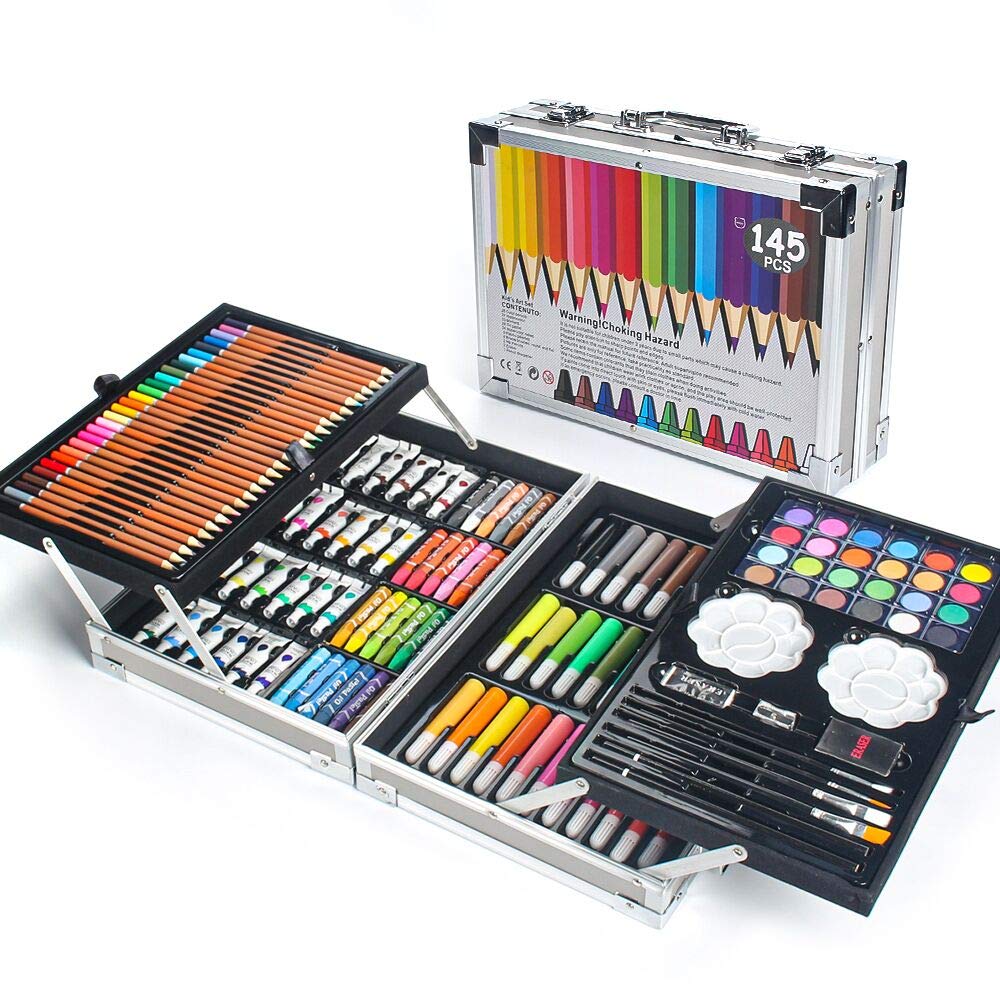 MIAOKE 145 Piece Art Set | Deluxe Aluminum Case Drawing & Painting Kit