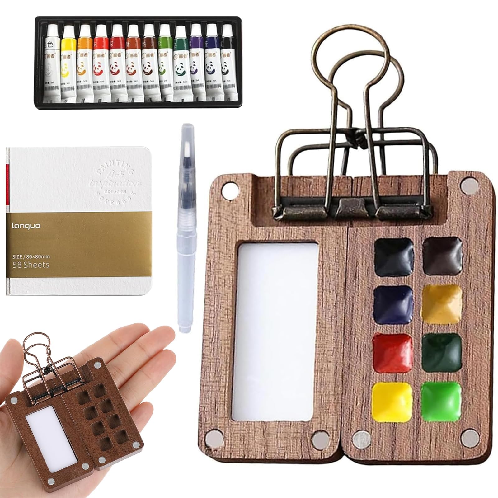 Pocket Watercolor Travel Set – 8-Grid Wooden Mini Art Kit
