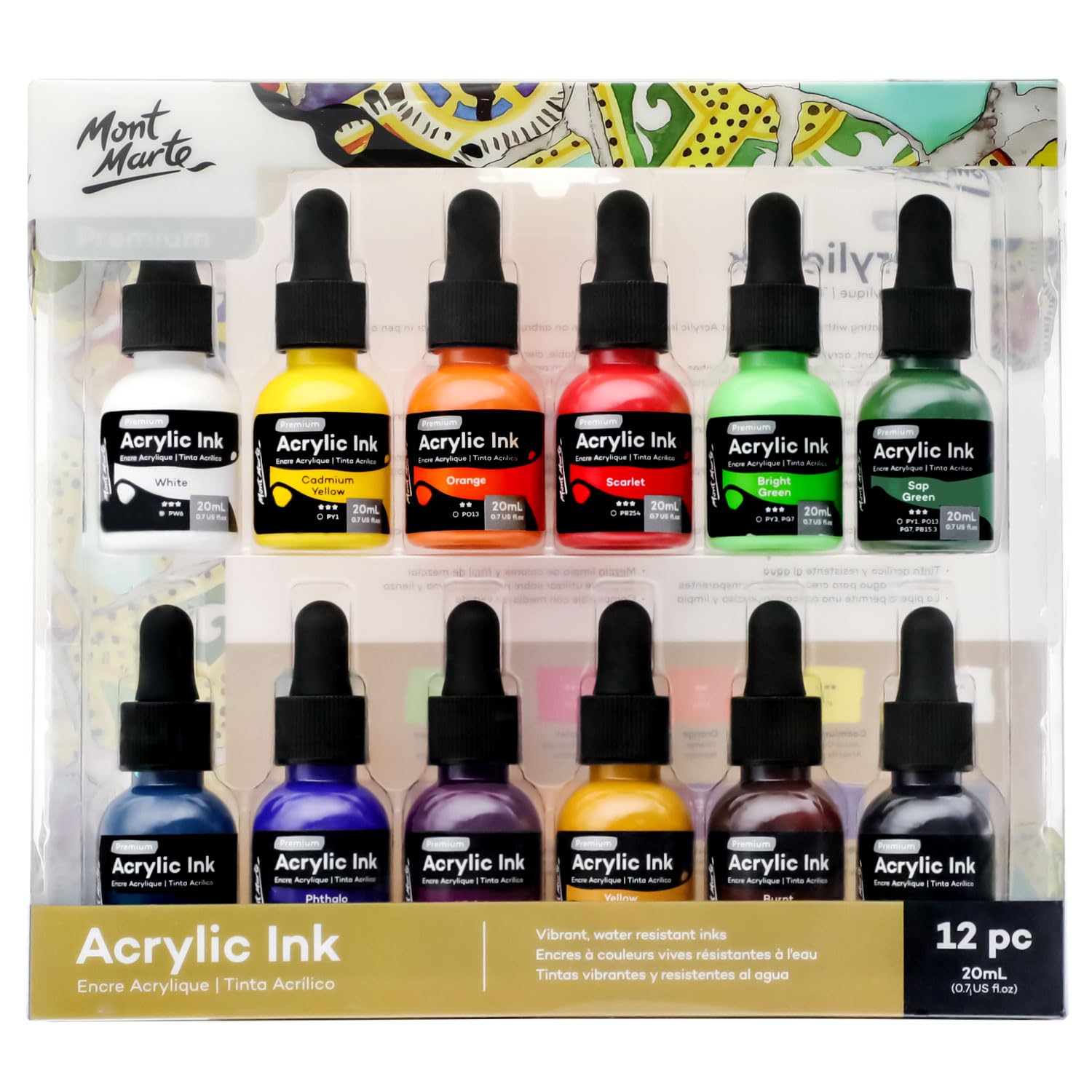Mont Marte Acrylic Ink Set - 12pc Premium Fluid Inks for Airbrushing