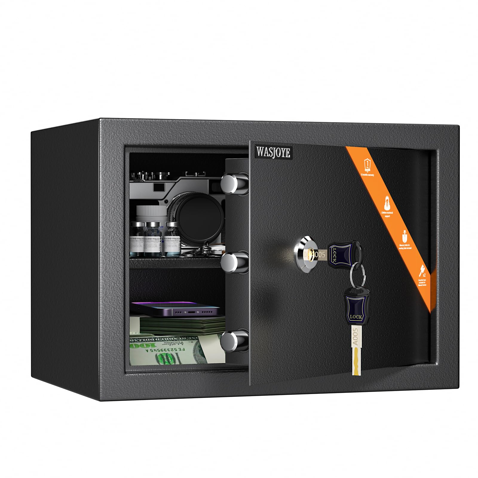 WASJOYE 19L Steel Safe Lock Box with Keys – High Security Home Office Safe