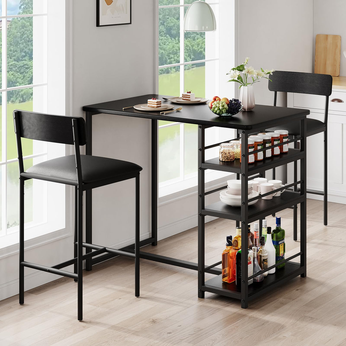 Crevyteg Compact 3-Piece Breakfast Bar Set for Small Spaces - Includes Storage Shelf Table & 2 High-Back PU Leather Stools - image 5