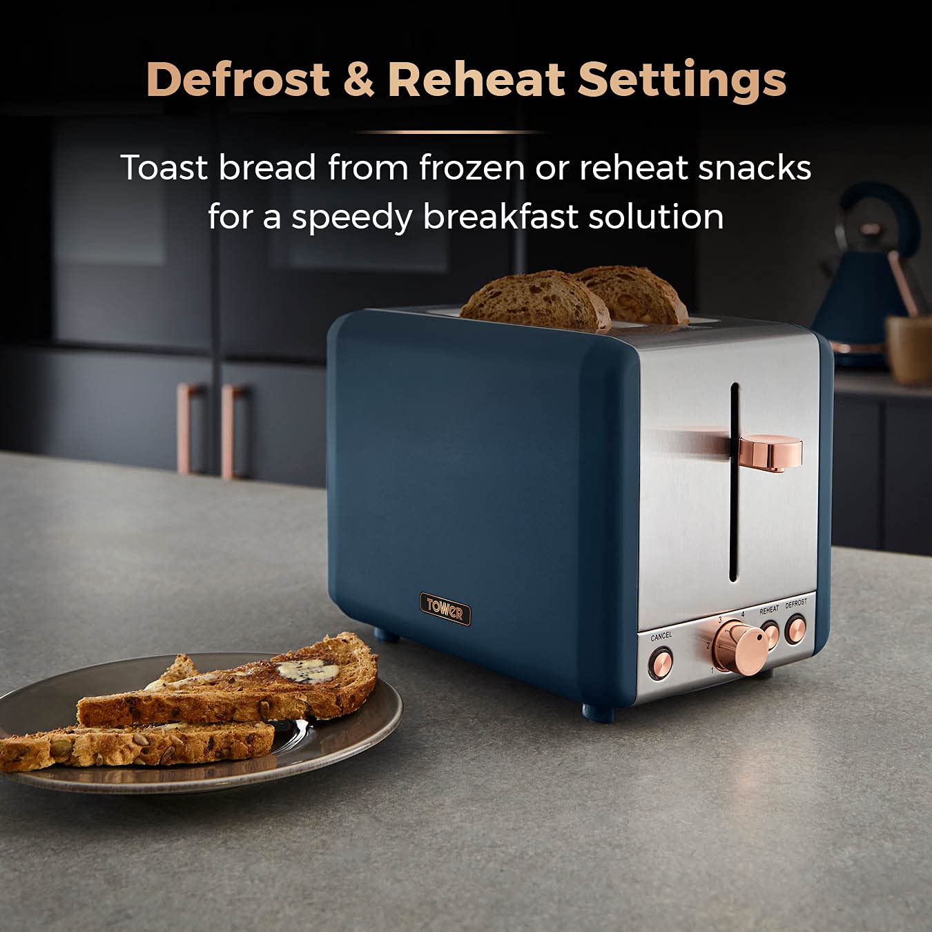 Tower Cavaletto 2-Slice Toaster | Midnight Blue & Rose Gold | 850W