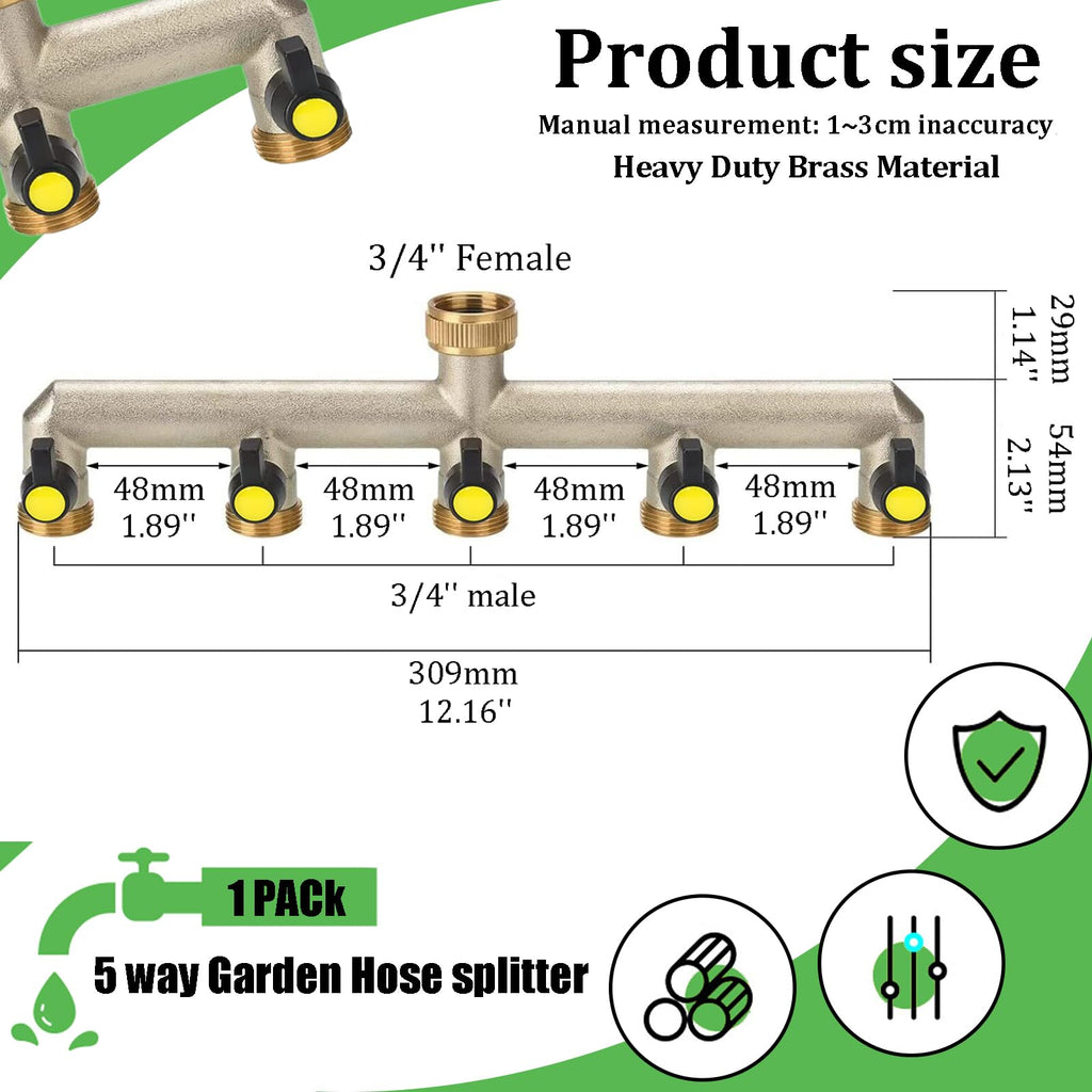 5-Way Brass Garden Hose Splitter – 3/4" Tap Manifold Adapter