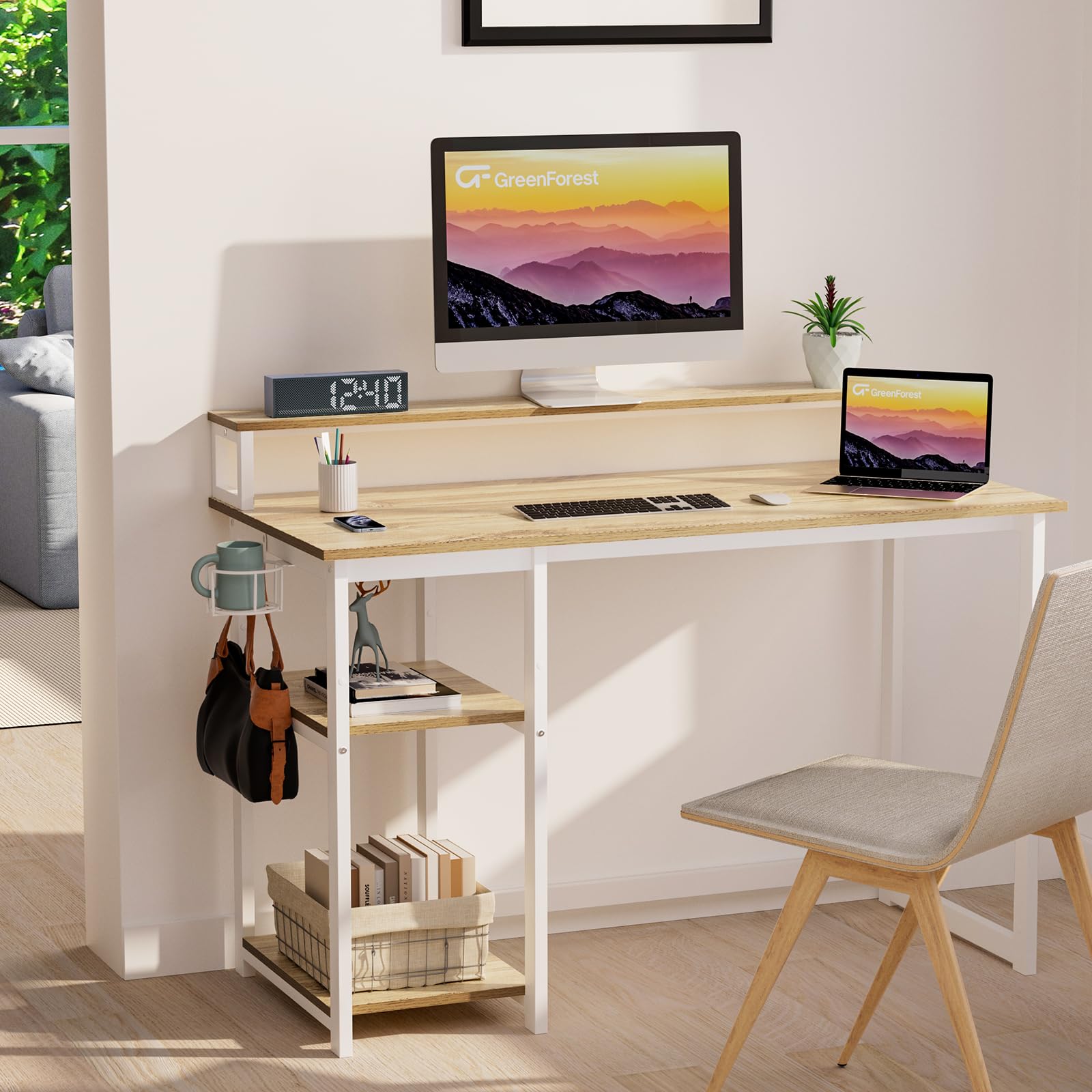 GreenForest 100cm Computer Desk with Monitor Stand & Storage Shelves