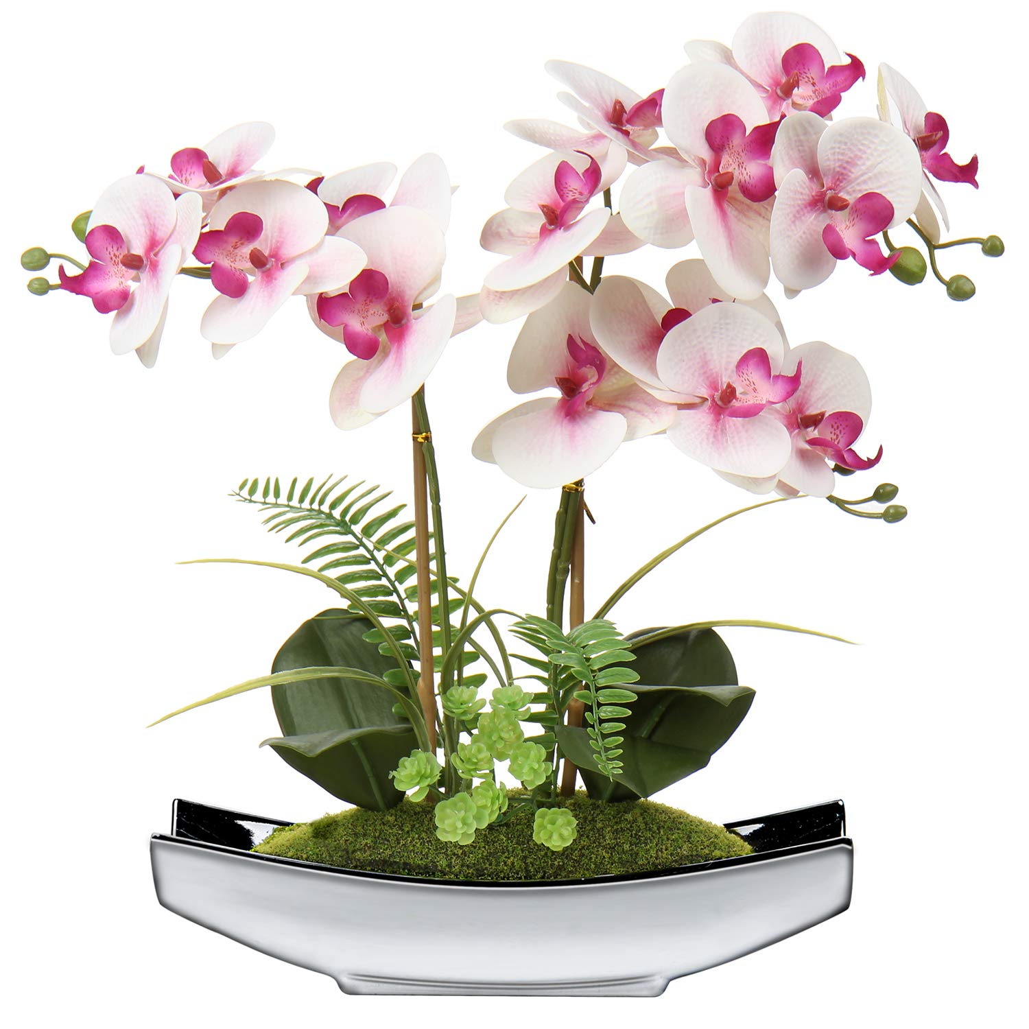 Briful 15" Artificial Phalaenopsis Orchid Bonsai in Silver Pot – Silk Flowers
