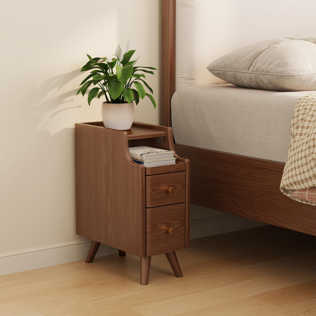 AQIMUELE Small Bedside Table, Narrow Bedside Cabinet with 2 Drawers, Slim Bedside Table for Bedroom, 20cm Walnut - image 1