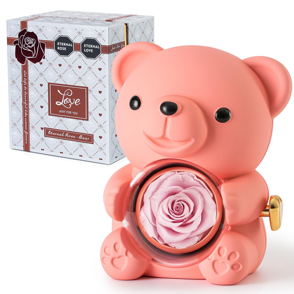 Ariceleo Pink Teddy Bear with Preserved Rose and Heart Necklace