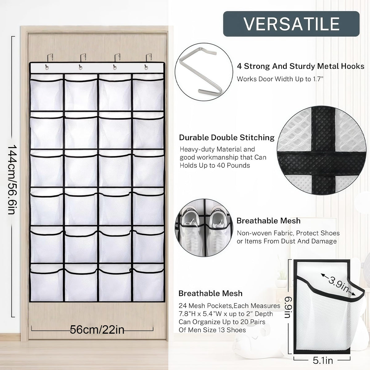 SOPSTUO Hanging Shoe Storage, Over Door Shoe Storage, Door Shoe Rack, 24 Breathable Mesh Huge Pockets - image 2