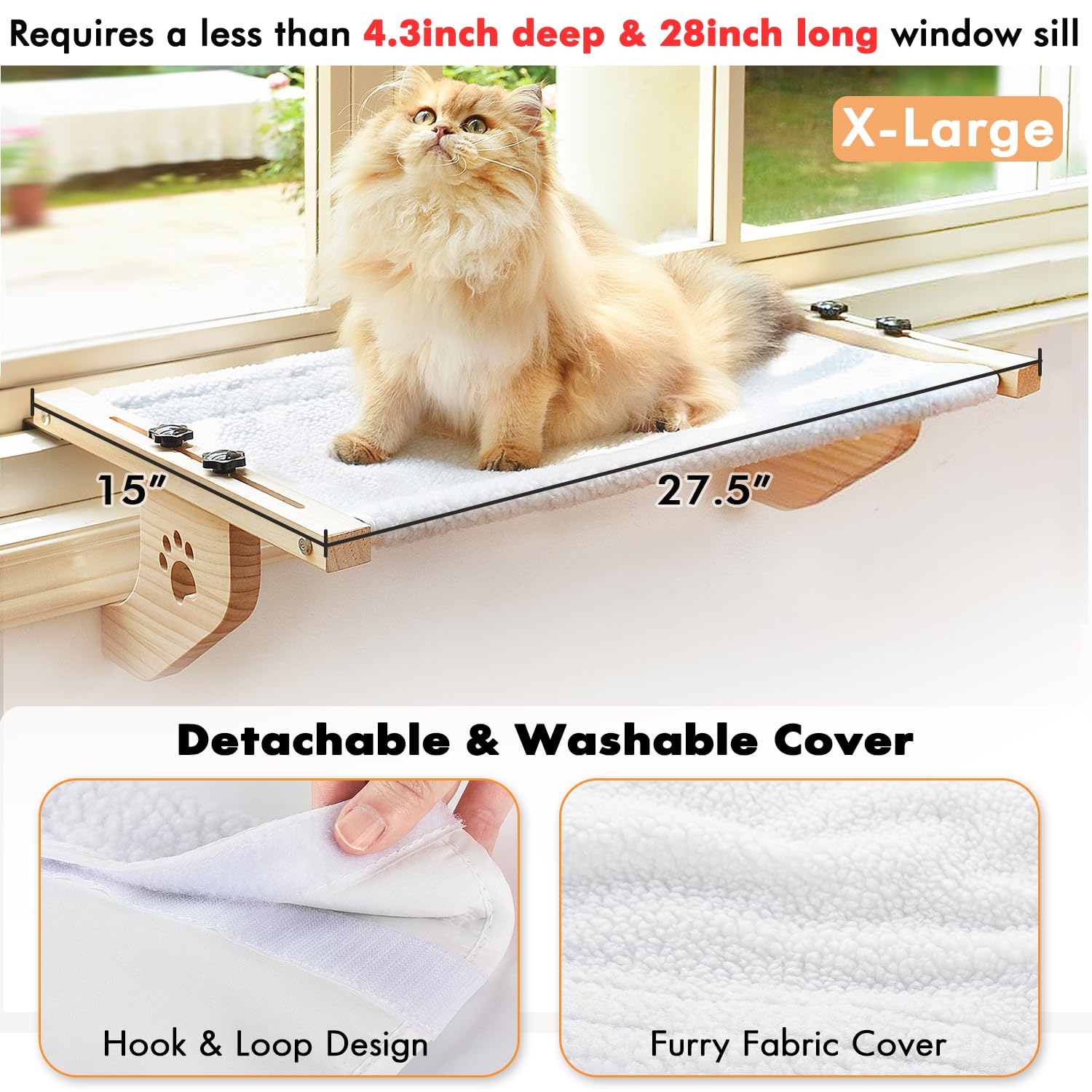 AMOSIJOY Cat Window Perch - Sturdy Wood & Metal Hammock for Large Cats