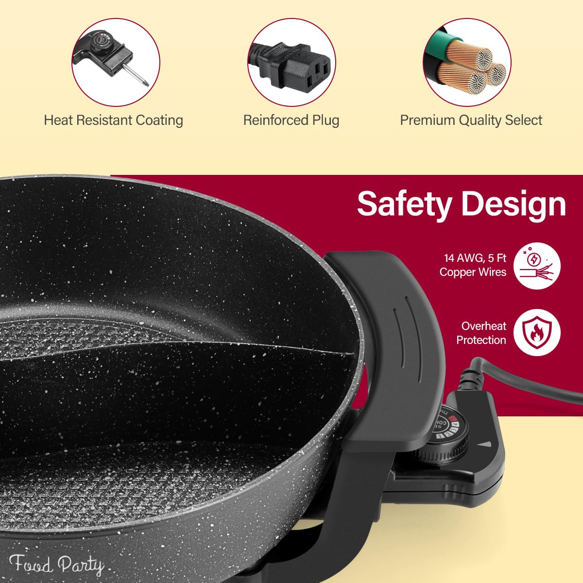 Food Party 6-Quart Electric Hot Pot with Divider | Non-Stick Shabu Shabu