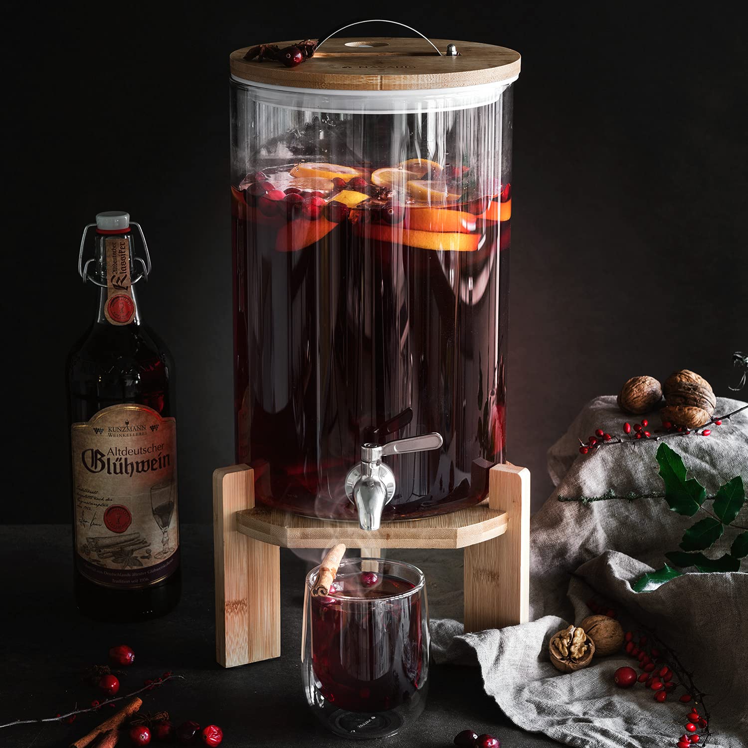 Navaris 7L Glass Drinks Dispenser with Tap, Bamboo Lid and Wooden Stand