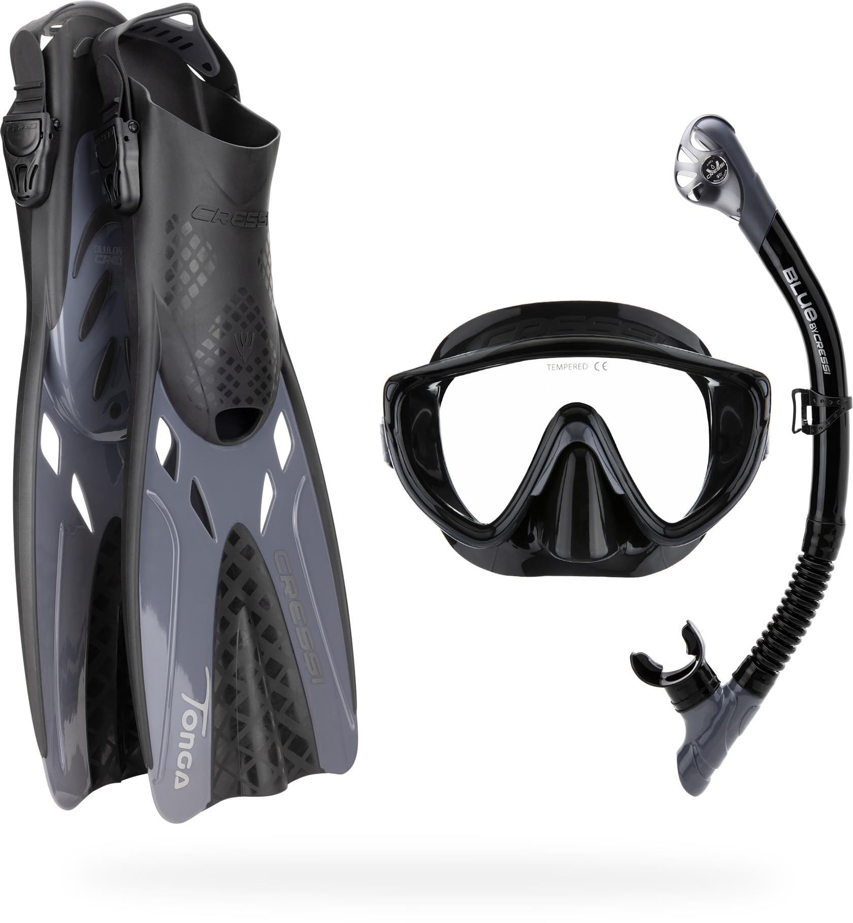 Cressi Tino Adventure Snorkel Set | Tonga Fins & Mask | Black, S/M