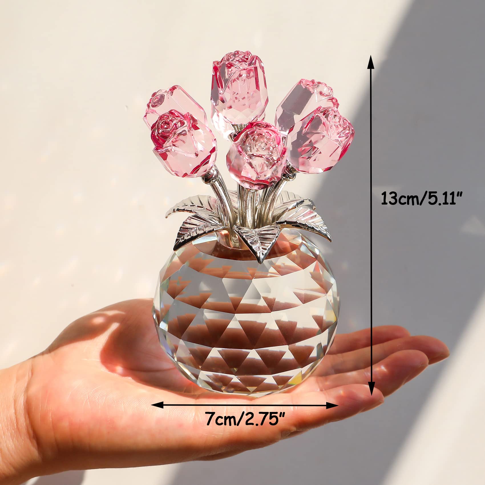 Crystal Pink Rose Bouquet Figurine with Round Glass Vase