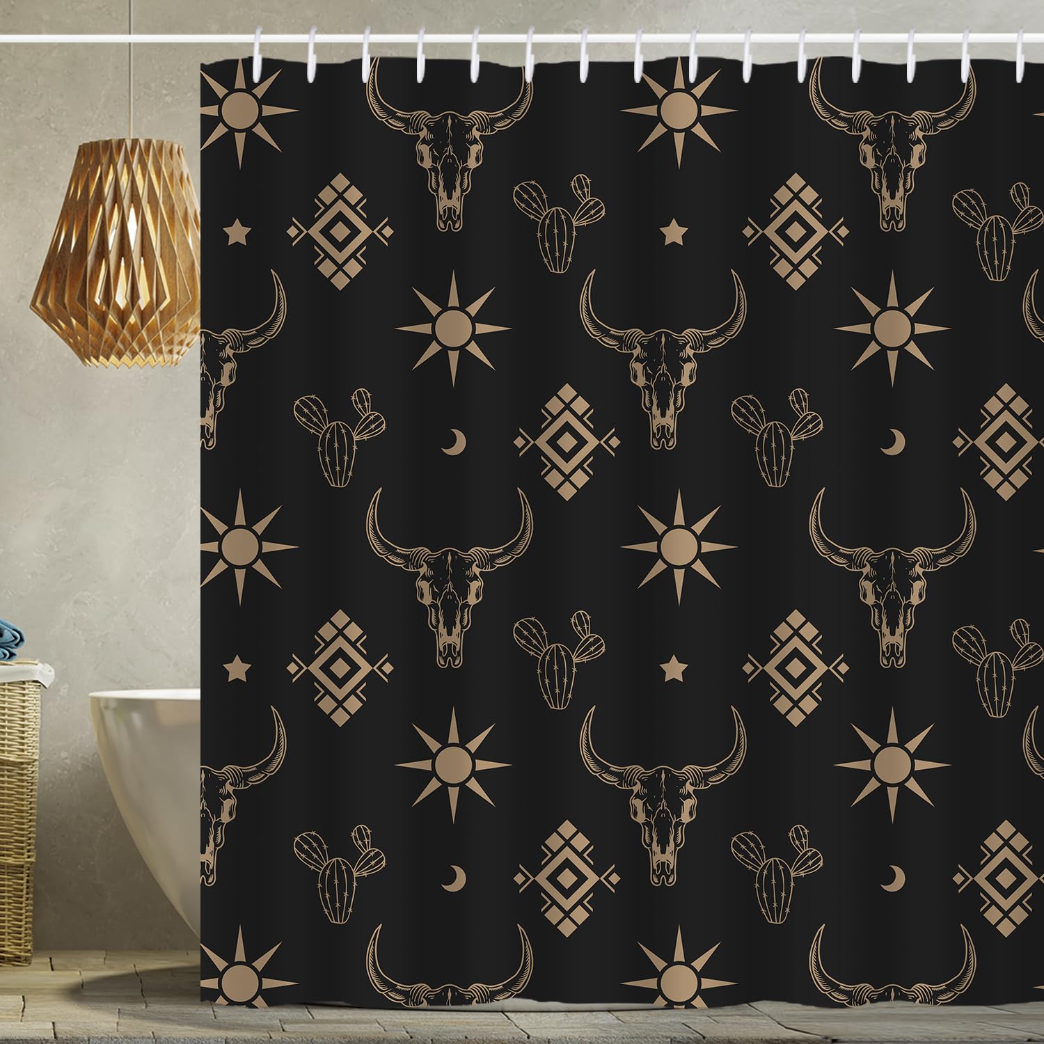 Jolof Store Western Bull Skull Shower Curtain | Boho Aztec Waterproof Fabric