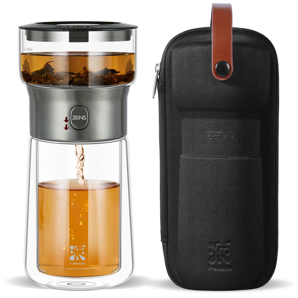 ZENS One Touch Glass Tea Infuser Teapot – 270ml Gongfu Brewer with Case