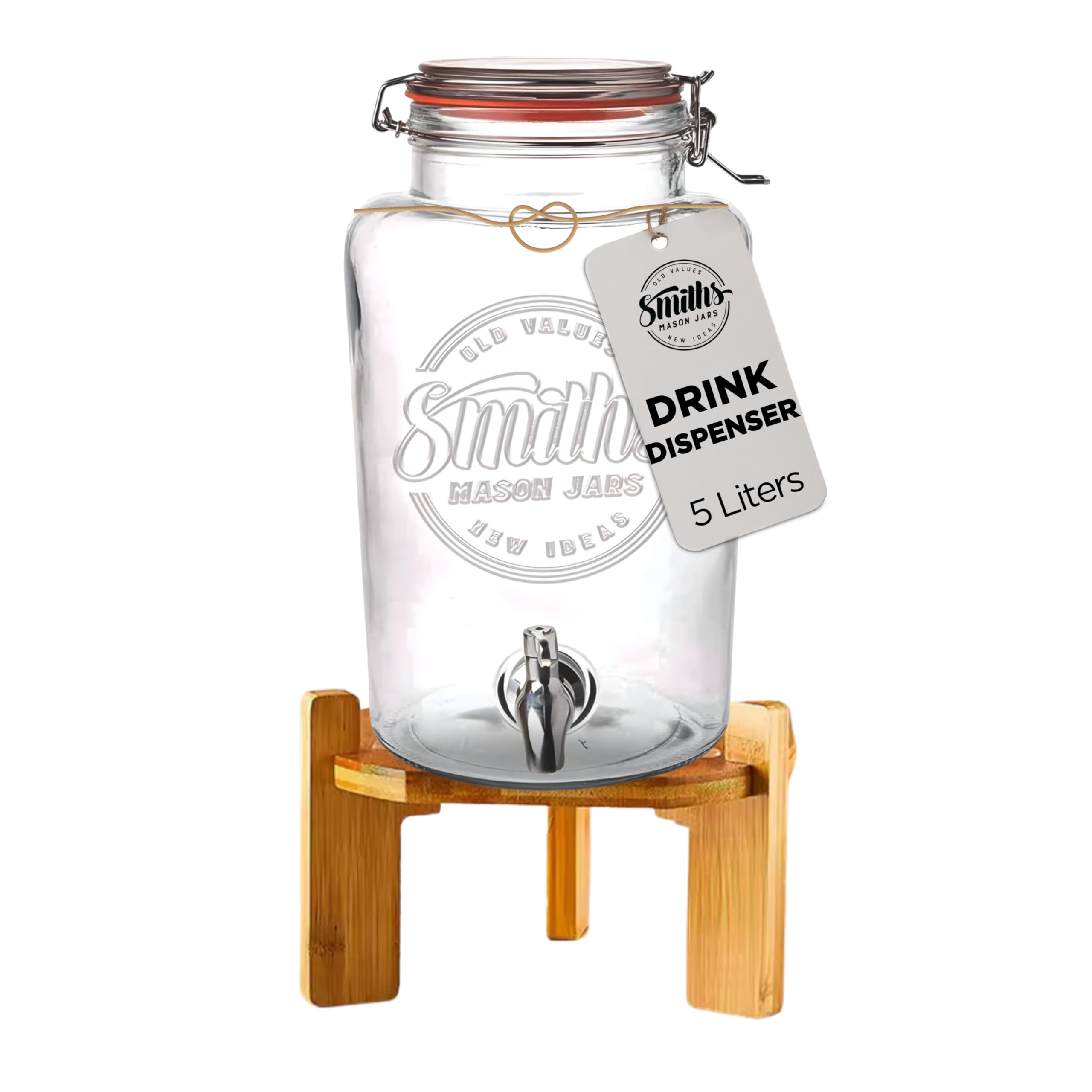 Smith's Mason Jars 5L Glass Drink Dispenser with Wooden Stand