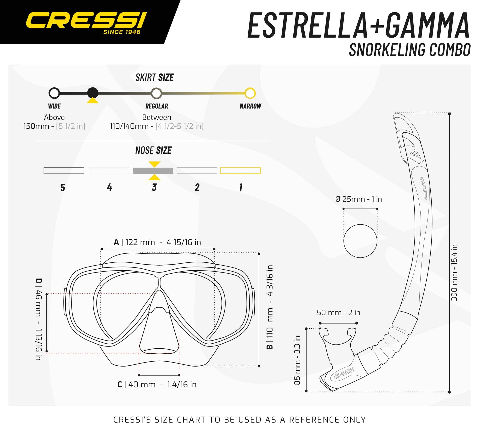 Cressi Estrella & Gamma Snorkeling Set – Mask and Snorkel Combo, Black