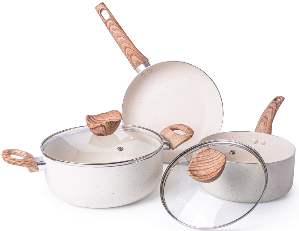 Nuovva 5pc Non-Stick Cookware Set – Cream Granite Induction Pots and Pans