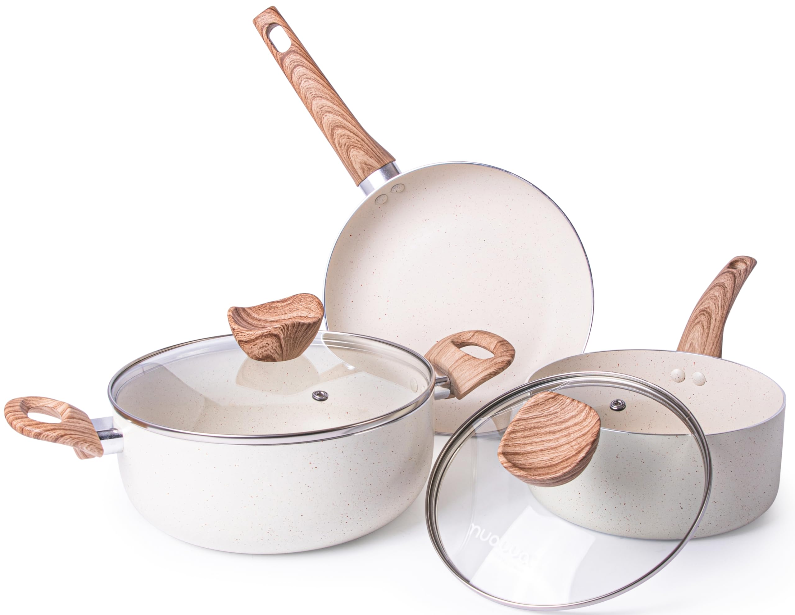 Nuovva 5pc Non-Stick Cookware Set – Cream Granite Induction Pots and Pans