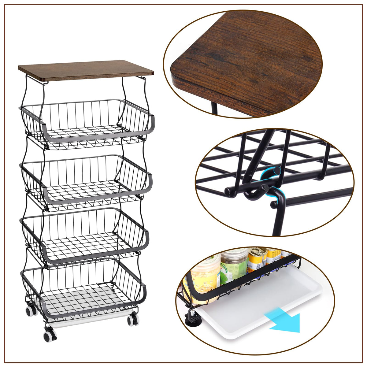 Wuciray Vegetable Rack For Kitchen On Wheels Vegetable Basket With Suction Cups Fruit Storage Baskets With Worktop Vegetable Trolley On Wheels Fruit - image 5